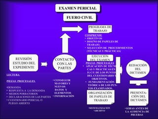 FUERO CIVILFUERO CIVIL
EXAMEN PERICIALEXAMEN PERICIAL
REVISIÓN
ESTUDIO DEL
EXPEDIENTE
LECTURA
PIEZAS PROCESALES.
•DEMANDA
• RESPUESTA A LA DEMANDA
• MEDIOS PORBATORIOS
• DECLARACIONES DE LAS PARTES
• CUESTIONARIO PERICIAL O
PLIEGO ABIERTO
COMPRENDE
• OBJETIVOS
• DISEÑO DE PAPELES DE
TRABAJO.
• SELECCIÓN DE PROCEDIMIENTOS
(TÉCNICAS Y PRÁCTICAS)
CONTACTO
CON LAS
PARTES
EJECUCIÓN
DEL EXAMEN
PROGRAMA DE
TRABAJO
ORGANIZACIÓN
DE PAPELES DE
TRABAJO
PIEZAS PROCESALES
• APLICACIÓN DE TÉCNI-
CAS Y PRÁCTICAS EN
F( C/U DE LOS PUNTOS
DEL CUESTIONARIO Y
OBJETIVOS.
• FUNDAMENTACIÓN
TEÓRICA DE LOS PUN-
TOS EXAMINADOS.
•SISTEMATIZACIÓN
•ARCHIVO
REDACCIÓN
DEL
DICTÁMEN
PRESENTA-
CIÓN DEL
DICTÁMEN
• 8 DIAS ANTES DE
LA AUDIENCIA DE
PRUEBAS
• CONSEGUIR
MAYORES Y
NUEVOS
DATOS Y
ELEMENTOS
• INFORMACIÓN
 