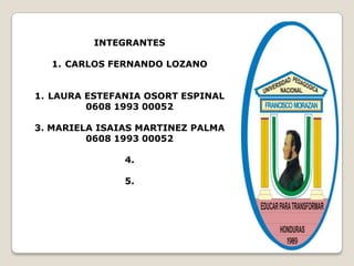 INTEGRANTES

  1. CARLOS FERNANDO LOZANO


1. LAURA ESTEFANIA OSORT ESPINAL
         0608 1993 00052

3. MARIELA ISAIAS MARTINEZ PALMA
         0608 1993 00052

               4.

               5.
 