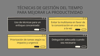 TÉCNICAS DE GESTIÓN DEL TIEMPO
PARA MEJORAR LA PRODUCTIVIDAD
Uso de técnicas para un
enfoque concentrado
Priorización de tareas según su
impacto y urgencia
Evitar la multitarea en favor de
la concentración en una tarea
a la vez
Delegación adecuada cuando
sea necesario
 