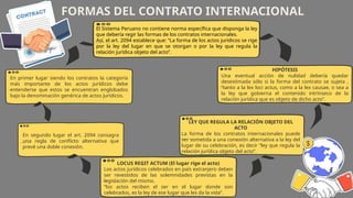 En primer lugar siendo los contratos la categoría
más importante de los actos jurídicos debe
entenderse que estos se encuentran englobados
bajo la denominación genérica de actos jurídicos.
En segundo lugar el art. 2094 consagra
una regla de conflicto alternativa que
prevé una doble conexión.
LOCUS REGIT ACTUM (El lugar rige el acto)
Los actos jurídicos celebrados en país extranjero deben
ser revestidos de las solemnidades previstas en la
legislación del mismo.
“los actos reciben el ser en el lugar donde son
celebrados, es la ley de ese lugar que les da la vida”.
LEY QUE REGULA LA RELACIÓN OBJETO DEL
ACTO
La forma de los contratos internacionales puede
ser sometida a una conexión alternativa a la ley del
lugar de su celebración, es decir “ley que regula la
relación jurídica objeto del acto”.
FORMAS DEL CONTRATO INTERNACIONAL
El Sistema Peruano no contiene norma específica que disponga la ley
que debería regir las formas de los contratos internacionales.
Así, el art. 2094 establece que: “La forma de los actos jurídicos se rige
por la ley del lugar en que se otorgan o por la ley que regula la
relación jurídica objeto del acto”.
HIPÓTESIS
Una eventual acción de nulidad debería quedar
desestimada sólo si la forma del contrato se sujeta ,
“tanto a la lex loci actus, como a la lex causae, o sea a
la ley que gobierna el contenido intrínseco de la
relación jurídica que es objeto de dicho acto”.
 