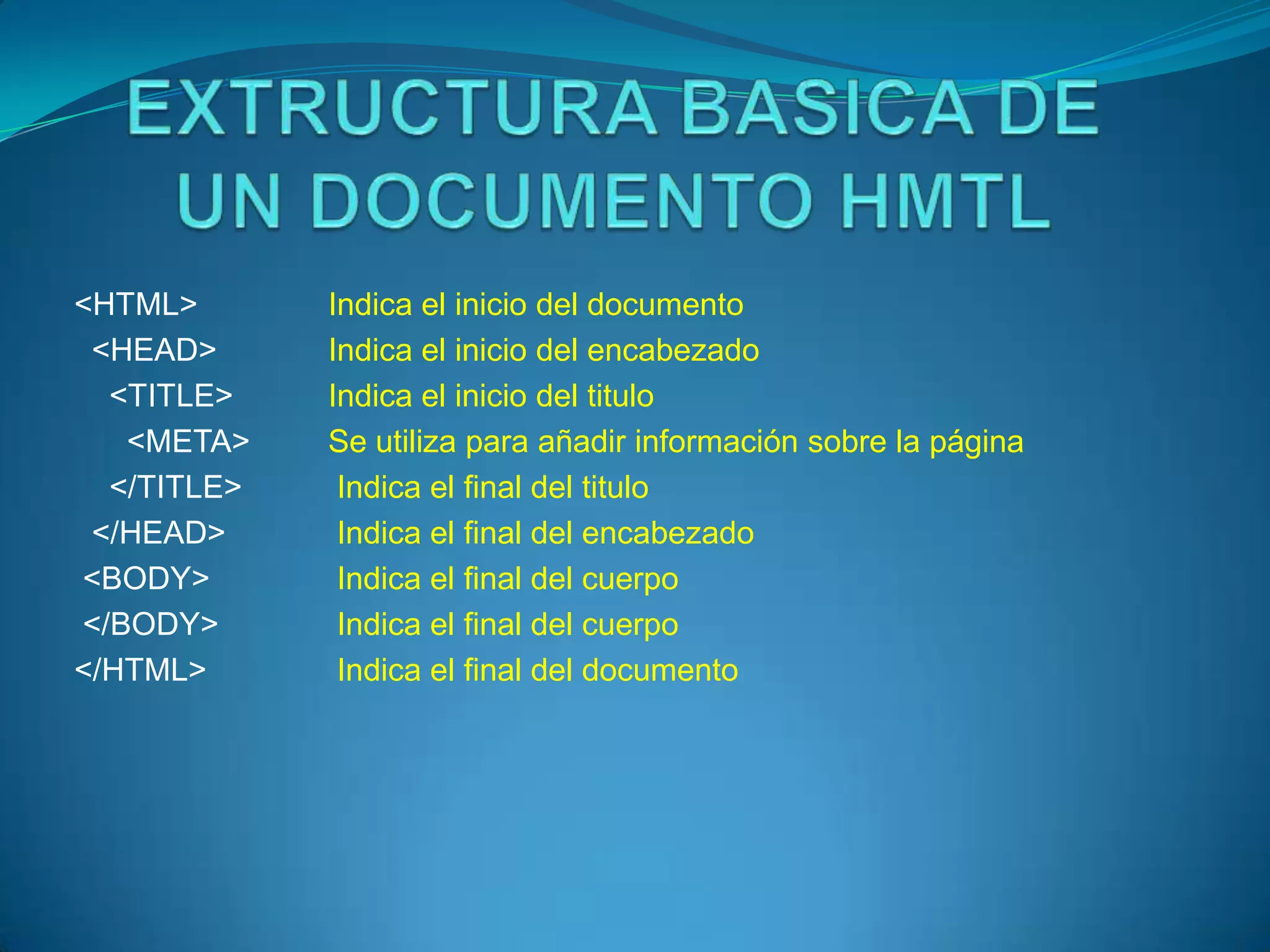 <HTML>       Indica el inicio del documento
 <HEAD>      Indica el inicio del encabezado
  <TITLE>    Indica el inicio del titulo
   <META>    Se utiliza para añadir información sobre la página
  </TITLE>    Indica el final del titulo
 </HEAD>      Indica el final del encabezado
<BODY>        Indica el final del cuerpo
</BODY>       Indica el final del cuerpo
</HTML>       Indica el final del documento
 