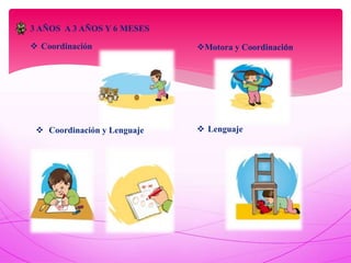 3 AÑOS A 3 AÑOS Y 6 MESES
 Coordinación Motora y Coordinación
 Coordinación y Lenguaje  Lenguaje
 