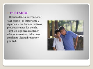 1er ETADIO
(Concordancia interpersonal)
“Ser bueno” es importante y
significa tener buenos motivos,
preocuparse por los demás.
Tambien significa mantener
relaciones mutuas, tales como
confianza , lealtad respeto y
gratitud.
 
