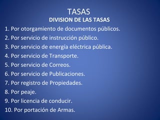 TASAS
DIVISION DE LAS TASAS
1. Por otorgamiento de documentos públicos.
2. Por servicio de instrucción público.
3. Por servicio de energía eléctrica pública.
4. Por servicio de Transporte.
5. Por servicio de Correos.
6. Por servicio de Publicaciones.
7. Por registro de Propiedades.
8. Por peaje.
9. Por licencia de conducir.
10. Por portación de Armas.
 