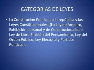 CATEGORIAS DE LEYES
• La Constitución Política de la república y las
Leyes Constitucionales ((La Ley de Amparo,
Exhibición personal y de Constitucionalidad,
Ley de Libre Emisión del Pensamiento, Ley del
Orden Público, Ley Electoral y Partidos
Políticos).
 