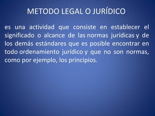 METODO LEGAL O JURÍDICO
es una actividad que consiste en establecer el
significado o alcance de las normas jurídicas y de
los demás estándares que es posible encontrar en
todo ordenamiento jurídico y que no son normas,
como por ejemplo, los principios.
 