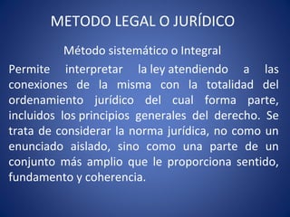 METODO LEGAL O JURÍDICO
Método sistemático o Integral
Permite interpretar la ley atendiendo a las
conexiones de la misma con la totalidad del
ordenamiento jurídico del cual forma parte,
incluidos los principios generales del derecho. Se
trata de considerar la norma jurídica, no como un
enunciado aislado, sino como una parte de un
conjunto más amplio que le proporciona sentido,
fundamento y coherencia.
 
