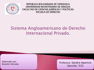 REPUBLICA BOLIVARIANA DE VENEZUELA
UNIVERSIDAD BICENTENARIA DE ARAGUA
FACULTAD DE CIENCIAS JURÍDICAS Y POLÍTICAS
ESCUELA DE DERECHO
Elaborado por:
Jhocelin Herrada
Profesora: Sandra Aparicio
Sección: 533
 