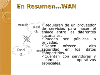 Requieren de un proveedor
de servicios para hacer el
enlace entre las diferentes
sucursales.
Pueden ser públicas o
privadas.
Deben ofrecer alta
seguridad en los datos
compartidos.
Cuentan con servidores y
sistemas operativos
especiales.
En Resumen...WANEn Resumen...WAN
Red
1
Red
2
Medellín
Bogotá
 