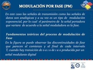 MODULACIÓN POR FASE (PM)   En este caso las señales de transmisión como las señales de datos son analógicas y a su vez es un tipo de  modulación  exponencial, por lo cual  el parámetro de  la señal portadora que variara  de acuerdo a la señal moduladora es la fase.    Fundamentos teóricos del proceso de modulación de Fase   En la figura se puede observar las discontinuidades de fase que parecen al comienzo y al final de cada intervalo T, cuando hay transición de 0 a 1 o de 1 a 0 producida por un    señal modulante digital