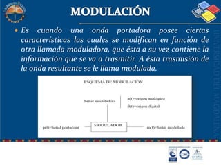 MODULACIÓNEs cuando una onda portadora posee ciertas características las cuales se modifican en función de otra llamada moduladora, que ésta a su vez contiene la información que se va a trasmitir. A ésta trasmisión de la onda resultante se le llama modulada.