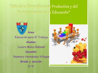 Área:
Educación para El Trabajo
Alumna:
Lucero Malca Rabanal
Docente:
Rosmery Hernández Villegas
Grado y sección:
5°”F”
 