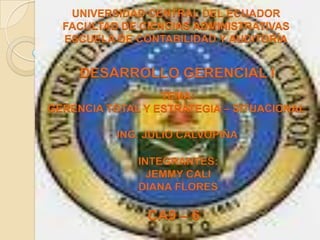 UNIVERSIDAD CENTRAL DEL ECUADOR
  FACULTAD DE CIENCIAS ADMINISTRATIVAS
  ESCUELA DE CONTABILIDAD Y AUDITORÍA


     DESARROLLO GERENCIAL I
                  TEMA:
GERENCIA TOTAL Y ESTRATEGIA – SITUACIONAL

           ING. JULIO CALVOPIÑA

              INTEGRANTES:
                JEMMY CALI
              DIANA FLORES

                CA9 – 6
 