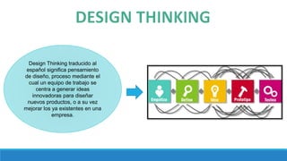 Design Thinking traducido al
español significa pensamiento
de diseño, proceso mediante el
cual un equipo de trabajo se
centra a generar ideas
innovadoras para diseñar
nuevos productos, o a su vez
mejorar los ya existentes en una
empresa.
 
