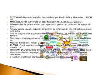  1) DYNAMO (Dynamic Models), desarrollado por Phyllis FOX y Alexander L. PUGH
del
 MASSACHUSETTS INSTITUTE of TECHNOLOGY (M.I.T.) Utiliza ecuaciones
 Diferenciales de primer orden para aproximar procesos continuos. Es apropiado
para
 Simular cierto tipo de sistemas dinámicos de información con retroalimentación,
definibles
 Con un conjunto de ecuaciones de diferencias finitas. Se lo ha usado mucho para
simular
 Sistemas económicos de gran escala (modelos econométricos); se lo puede usar
en
 Modelos biológicos, físicos y sociales.
 2) CSMP (Continuos System Modeling Programs), desarrollado por IBM, en una
mezcla con
 FORTRAN; DSL/90 (Digital Simulation of Continuos Systems); MIMIC; BHSL (Basic
 Hytran Simulation Language); DIHYSYS para Borroughs B5500 son lenguajes
orientados
 a resolver problemas planteados con ecuaciones diferenciales.
 
