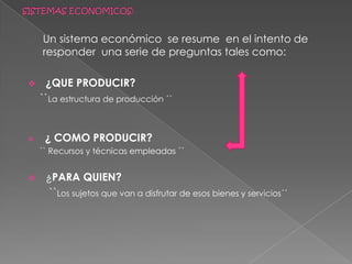 SISTEMAS ECONOMICOS:     Un sistema económico  se resume  en el intento de responder  una serie de preguntas tales como: ¿QUE PRODUCIR?    ``La estructura de producción ´´¿ COMO PRODUCIR?     `` Recursos y técnicas empleadas ´´ ¿PARA QUIEN?``Los sujetos que van a disfrutar de esos bienes y servicios´´