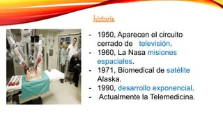 - 1950, Aparecen el circuito
cerrado de televisión.
- 1960, La Nasa misiones
espaciales.
- 1971, Biomedical de satélite
Alaska.
- 1990, desarrollo exponencial.
- Actualmente la Telemedicina.
 