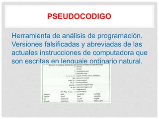 PSEUDOCODIGO
Herramienta de análisis de programación.
Versiones falsificadas y abreviadas de las
actuales instrucciones de computadora que
son escritas en lenguaje ordinario natural.
 