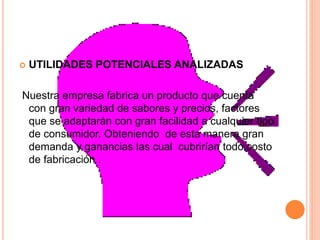  UTILIDADES POTENCIALES ANALIZADAS
Nuestra empresa fabrica un producto que cuenta
con gran variedad de sabores y precios, factores
que se adaptarán con gran facilidad a cualquier tipo
de consumidor. Obteniendo de esta manera gran
demanda y ganancias las cual cubrirían todo costo
de fabricación .
 