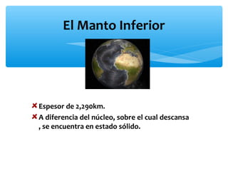 El Manto Inferior

Espesor de 2,290km.
A diferencia del núcleo, sobre el cual descansa
, se encuentra en estado sólido.

 