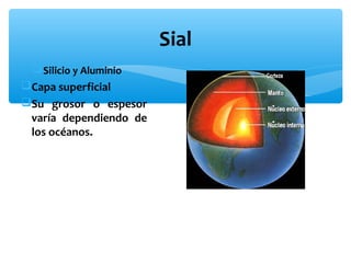 Sial
 Silicio y Aluminio

Capa superficial
Su grosor o espesor
varía dependiendo de
los océanos.

 