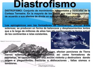 DISTROFISMO: Conjunto de movimientos horizontales y verticales de la
Corteza Terrestre. En la mayoría de los casos son casi imperceptibles,
de acuerdo a sus efectos de divide en epirogénicos y orogénicos.

Los epirogénicos son los formadores de continentes, afectan áreas
extensas; se producen en forma de balanceos y desplazamientos lentos
que a lo largo de millones de años han ido configurando la forma actual
de los continentes e islas existentes.

En cuanto a los movimientos orogénicos, afectan porciones de Tierra
menos extensas siendo considerados así como formadores de
montañas, se caracterizan por una acción violenta y destructora dando
origen a plegamientos, fracturas o dislocaciones , fallas sismos o
temblores.

 