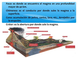 Foco: es donde se encuentra el magma en una profundidad
mayor de 40 km.
Chimenea: es el conducto por donde sube la magma a la
superficie.
Cono: acumulación de polvo, ceniza, lava, etc.. Arrojados por
la erupción.
Cráter: es la abertura por donde sale la magma.

 