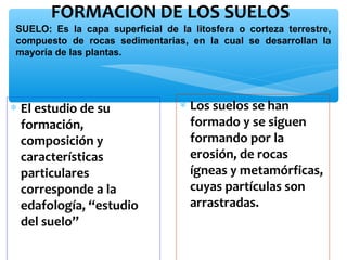 FORMACION DE LOS SUELOS
SUELO: Es la capa superficial de la litosfera o corteza terrestre,
compuesto de rocas sedimentarias, en la cual se desarrollan la
mayoría de las plantas.

∗ El estudio de su
formación,
composición y
características
particulares
corresponde a la
edafología, “estudio
del suelo”

∗ Los suelos se han
formado y se siguen
formando por la
erosión, de rocas
ígneas y metamórficas,
cuyas partículas son
arrastradas.

 