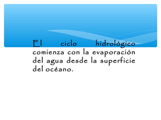 El
ciclo
hidrológico
comienza con la evaporación
del agua desde la superficie
del océano.

 