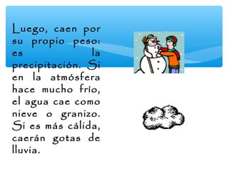 Luego, caen por
su propio peso:
es
la
precipitación. Si
en la atmósfera
hace mucho frío,
el agua cae como
nieve o granizo.
Si es más cálida,
caerán gotas de
lluvia.

 