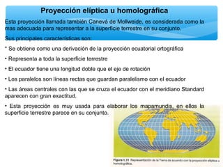 Proyección elíptica u homolográfica
Esta proyección llamada también Canevá de Mollweide, es considerada como la
mas adecuada para representar a la superficie terrestre en su conjunto.
Sus principales características son:
* Se obtiene como una derivación de la proyección ecuatorial ortográfica
• Representa a toda la superficie terrestre
• El ecuador tiene una longitud doble que el eje de rotación
• Los paralelos son líneas rectas que guardan paralelismo con el ecuador
• Las áreas centrales con las que se cruza el ecuador con el meridiano Standard
aparecen con gran exactitud.
• Esta proyección es muy usada para elaborar los mapamundis, en ellos la
superficie terrestre parece en su conjunto.

 