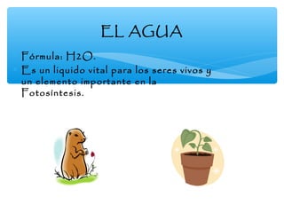 EL AGUA
∗ Fórmula: H2O.
∗ Es un liquido vital para los seres vivos y
un elemento importante en la
Fotosíntesis.

 