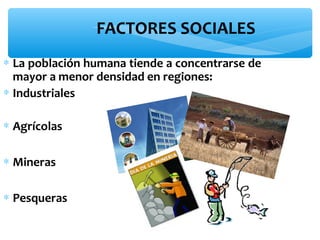 FACTORES SOCIALES
∗ La población humana tiende a concentrarse de
mayor a menor densidad en regiones:
∗ Industriales
∗ Agrícolas
∗ Mineras
∗ Pesqueras

 