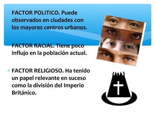 ∗ FACTOR POLITICO. Puede
observados en ciudades con
los mayores centros urbanos.
∗ FACTOR RACIAL. Tiene poco
influjo en la población actual.
∗ FACTOR RELIGIOSO. Ha tenido
un papel relevante en suceso
como la división del Imperio
Británico.

 