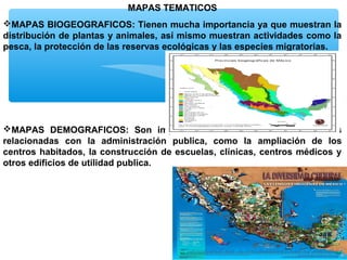 MAPAS TEMATICOS
MAPAS BIOGEOGRAFICOS: Tienen mucha importancia ya que muestran la
distribución de plantas y animales, así mismo muestran actividades como la
pesca, la protección de las reservas ecológicas y las especies migratorias.

MAPAS DEMOGRAFICOS: Son imprescindibles en diversas actividades
relacionadas con la administración publica, como la ampliación de los
centros habitados, la construcción de escuelas, clínicas, centros médicos y
otros edificios de utilidad publica.

 