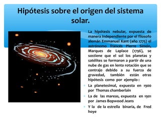 Hipótesis sobre el origen del sistema
solar.
∗ La hipótesis nebular, expuesta de
manera independiente por el filosofo
alemán Emmanuel Kant (año 1775) el
astrónomo francés Pierre Simón,
Marques de Laplace (1796), se
sostiene que el sol los planetas y
satélites se formaron a partir de una
nube de gas en lenta rotación que se
contrajo debido a su fuerza de
gravedad, también están otras
hipótesis como por ejemplo :
∗ La planetesimal, expuesta en 1900
por Thomas chamberlain
∗ La de las mareas, expuesta en 1901
por James Bopwood Jeans
∗ Y la de la estrella binaria, de Fred
hoye

 