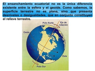 El ensanchamiento ecuatorial no es la única diferencia
existente entre la esfera y el geoide. Como sabemos, la
superficie terrestre no es plana, sino que presenta
desniveles o desigualdades, que en conjunto constituyen
el relieve terrestre.

 
