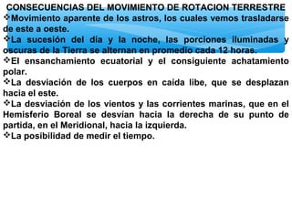 CONSECUENCIAS DEL MOVIMIENTO DE ROTACION TERRESTRE
Movimiento aparente de los astros, los cuales vemos trasladarse
de este a oeste.
La sucesión del día y la noche, las porciones iluminadas y
oscuras de la Tierra se alternan en promedio cada 12 horas.
El ensanchamiento ecuatorial y el consiguiente achatamiento
polar.
La desviación de los cuerpos en caída libe, que se desplazan
hacia el este.
La desviación de los vientos y las corrientes marinas, que en el
Hemisferio Boreal se desvían hacia la derecha de su punto de
partida, en el Meridional, hacia la izquierda.
La posibilidad de medir el tiempo.

 