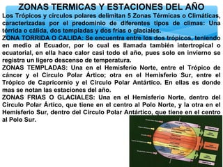 ZONAS TERMICAS Y ESTACIONES DEL AÑO
Los Trópicos y círculos polares delimitan 5 Zonas Térmicas o Climáticas,
caracterizadas por el predominio de diferentes tipos de climas: Una
tórrida o cálida, dos templadas y dos frías o glaciales.
ZONA TORRIDA O CALIDA: Se encuentra entre los dos trópicos, teniendo
en medio al Ecuador, por lo cual es llamada también intertropical o
ecuatorial, en ella hace calor casi todo el año, pues solo en invierno se
registra un ligero descenso de temperatura.
ZONAS TEMPLADAS: Una en el Hemisferio Norte, entre el Trópico de
cáncer y el Circulo Polar Ártico; otra en el Hemisferio Sur, entre el
Trópico de Capricornio y el Circulo Polar Antártico. En ellas es donde
mas se notan las estaciones del año.
ZONAS FRIAS O GLACIALES: Una en el Hemisferio Norte, dentro del
Circulo Polar Ártico, que tiene en el centro al Polo Norte, y la otra en el
Hemisferio Sur, dentro del Circulo Polar Antártico, que tiene en el centro
al Polo Sur.

 
