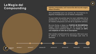 semana 1 semana 2 semana 20 semana 30 semana 40 semana 50 semana 60
Interés compuesto, la 8a maravilla del mundo según
Albert Einstein.
Otra posibilidad para tus puntos de recompensa es
dejarlos multiplicarse con el interés compuesto.
Ya que todos los puntos que no sean redimidos de tu
plataforma en la semana, se acumularán y crearán
un interés compuesto con los de la siguiente semana.
De esta forma, si dejas tus PUNTOS DE RECOMPENSA
hagan interés compuesto, las 60 semanas de tu
Training pack pudieran llegar a ser hasta un 350%
con respecto al valor de tu suscripción.
Esto siendo completamente opcional y libre para que
lo utilices a tu favor y la estrategia que más te
funcione.
La Magia del
Compounding
Agregando Valor
a la vida de las
personas.
 