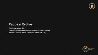 Pagos y Retiros
Tarifa de retiro: 5%
Tiempo de procesamiento de retiro: hasta 72 hrs
Retiros: Jueves 19:00 a Viernes 19:00 GMT(0)
Agregando Valor
a la vida de las
personas.
 