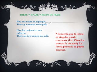 THERE + IS/ARE + RESTO DE FRASE
Hay una mujer en el parque.
There is a woman in the park.
Hay dos mujeres en una
cafetería.
There are two women in a café.
* Recuerda que la forma
en singular puede
contraerse (I.e. There's a
woman in the park). La
forma plural no se puede
contraer.
 