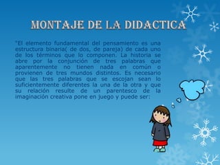 “El elemento fundamental del pensamiento es una
estructura binaria( de dos, de pareja) de cada uno
de los términos que lo componen. La historia se
abre por la conjunción de tres palabras que
aparentemente no tienen nada en común o
provienen de tres mundos distintos. Es necesario
que las tres palabras que se escojan sean lo
suficientemente diferentes la una de la otra y que
su relación resulte de un parentesco de la
imaginación creativa pone en juego y puede ser:
 