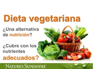 ¿Una alternativa
de nutrición?
¿Cubre con los
nutrientes
adecuados?
1
Dieta vegetariana
 