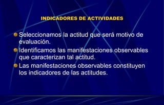 INDICADORES DE ACTIVIDADES Seleccionamos la actitud que será motivo de evaluación. Identificamos las manifestaciones observables que caracterizan tal actitud. Las manifestaciones observables constituyen los indicadores de las actitudes. 