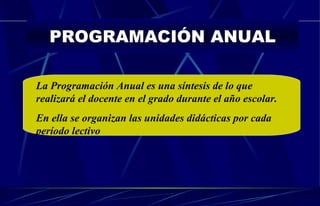 La Programación Anual  es una síntesis de lo que realizará el docente en el grado durante el año escolar. En ella se organizan las unidades didácticas por cada período lectivo PROGRAMACIÓN ANUAL 