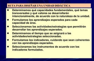 Determinamos qué capacidades fundamentales, qué temas transversales y qué valores se desarrollarán intencionalmente, de acuerdo con la naturaleza de la unidad. Formulamos los aprendizajes esperados para cada capacidad de área. Seleccionamos las actividades/estrategias que permitirán desarrollar los aprendizajes esperados. Determinamos el tiempo que se asignará a las actividades/estrategias seleccionadas. Formulamos los indicadores, cuidando que sean coherentes con los aprendizajes esperados. Seleccionamos los instrumentos de acuerdo con los indicadores formulados. RUTA PARA DISEÑAR UNA UNIDAD DIDÁCTICA 