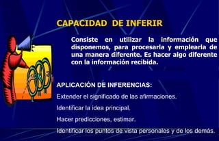 CAPACIDAD  DE INFERIR Consiste en utilizar la información que disponemos, para procesarla y emplearla de una manera diferente. Es hacer algo diferente con la información recibida. APLICACIÓN DE INFERENCIAS: Extender el significado de las afirmaciones. Identificar la idea principal. Hacer predicciones, estimar. Identificar los puntos de vista personales y de los demás. 