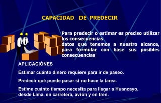 CAPACIDAD  DE  PREDECIR  Para predecir o estimar es preciso utilizar los consecuencias datos que tenemos a nuestro alcance, para formular con base sus posibles consecuencias APLICACIÓNES Estimar cuánto dinero requiere para ir de paseo. Predecir qué puede pasar si no hace la tarea. Estime cuánto tiempo necesita para llegar a Huancayo, desde Lima, en carretera, avión y en tren. 