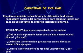 CAPACIDAD  DE  EVALUAR Requiere el análisis de los datos y la utilización de diversas habilidades básicas del pensamiento para elaborar juicios con base en un conjunto de criterios internos o externos. APLICACIÓNES (para que respondan los educandos) ¿Qué es más importante, tener buena salud o tener mucho dinero? ¿Por qué? ¿Cuánta de la información que aparece en los diarios es verdad? Cita ejemplos. ¿Cuál es la mejor manera de resolver un problema? ¿por qué? 
